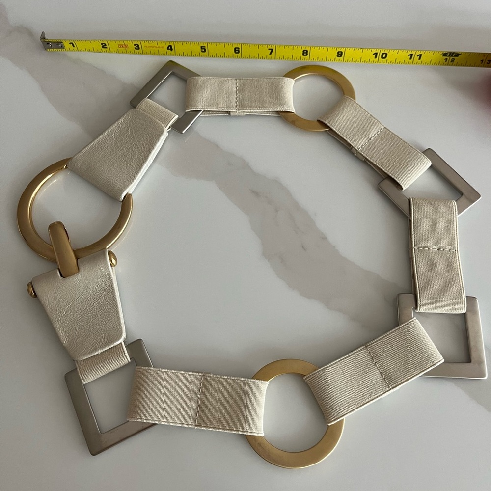 Sandy Duftler Genuine Leather Elastic Belt with gold and silver hardware, size S